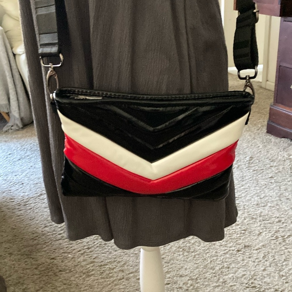 Vegan Leather Patent Chevron Crossbody Bag w/ Seatbelt Style Strap